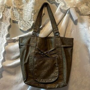 Dark Grey Leather Tote Bag with Studded Front Pocket